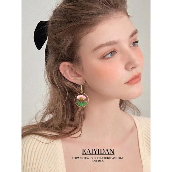 Rose Pink Dry Flower Statement Vintage Long Summer Earring for Women Jewelry - Picture 5 of 9